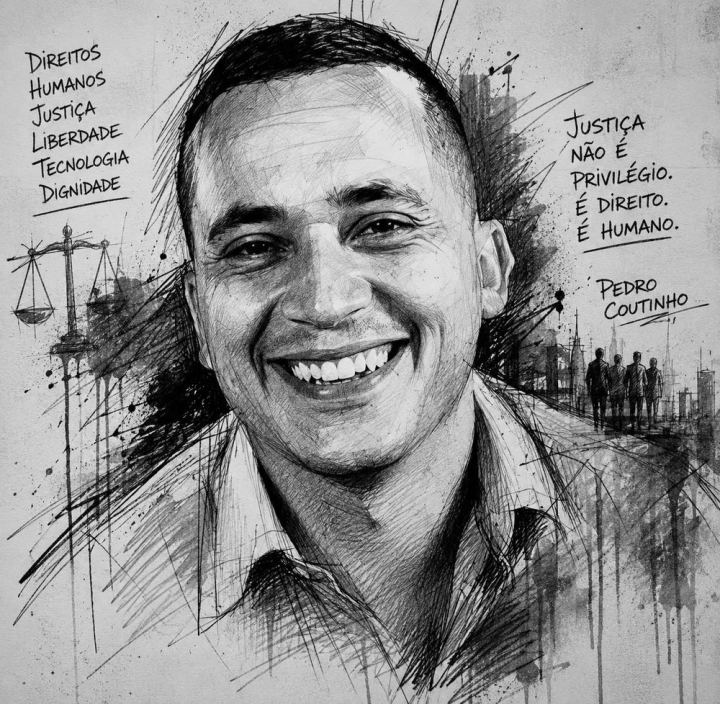 Retrato de Pedro Coutinho em desenho a lápis, cercado das palavras direitos humanos, justiça, liberdade, tecnologia e dignidade